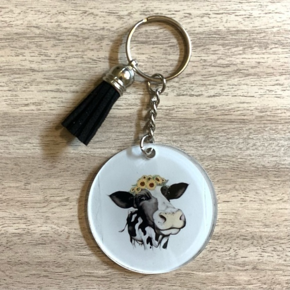 Sunflower cow black tassel keychain purse charm new